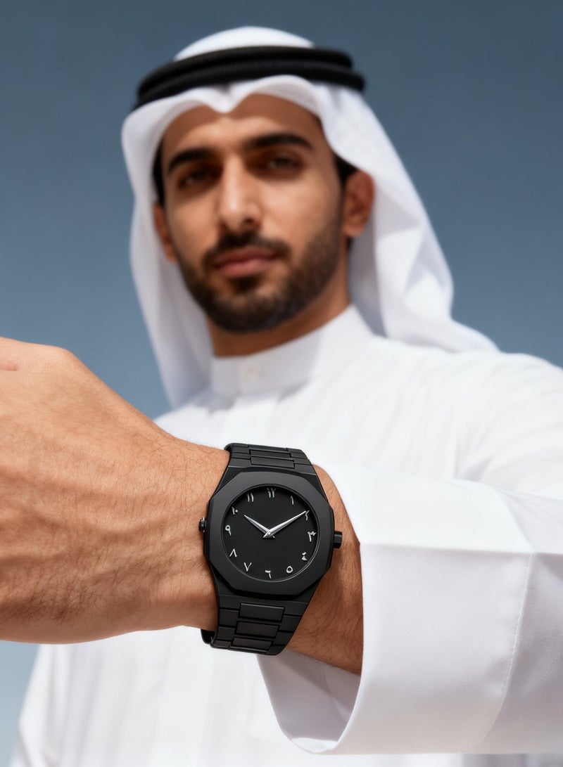 إيه آن د دبليو ساعة عربية سوداء رجالية بتصميم ثماني أنيق، ساعة يد كوارتز بأرقام عربية، مقاومة للماء 5ATM، زجاج معدني، هدية مثالية لمحبي الساعات العربية - Image 2